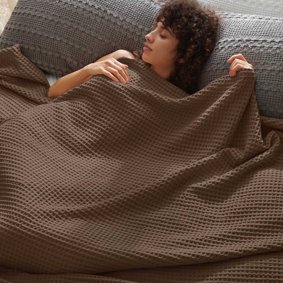 PHF Ultra Soft Waffle Weave Blanket for Bed, Queen Size, Light Khaki/Linen