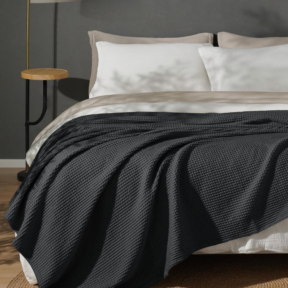 PHF 100% Cotton Waffle Blanket Lightweight Breathable, Queen Linen/Stone