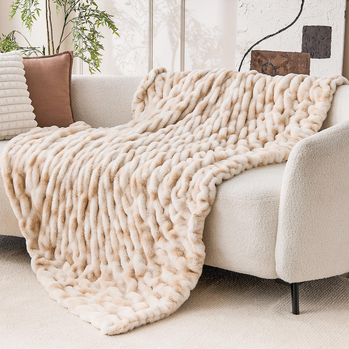 Double Sided Ruched Faux Rabbit Fur Throw Blanket,50x60 CaramelCream