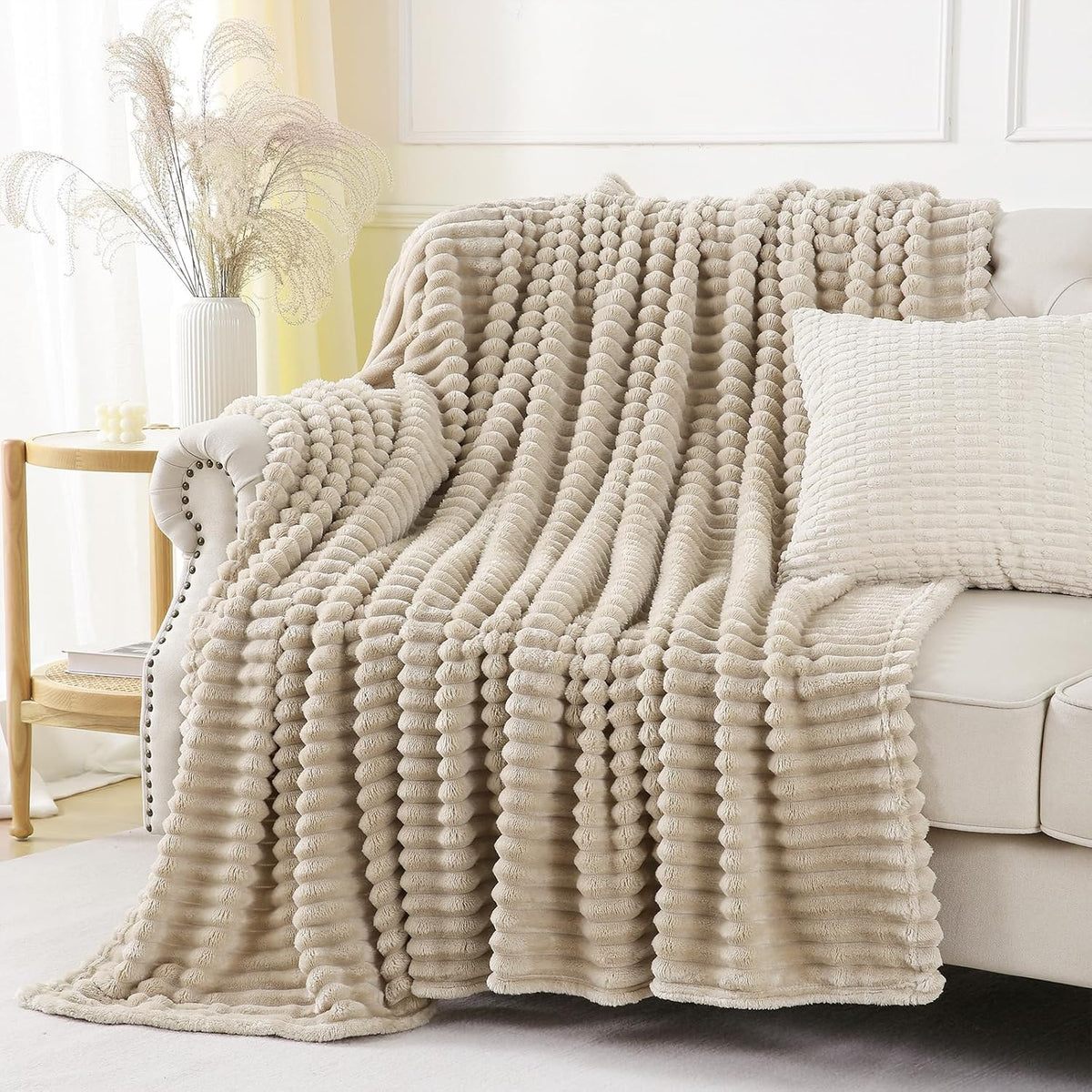 Khaki Throw Blanket for Couch Sofa 50x60 inches Striped Design