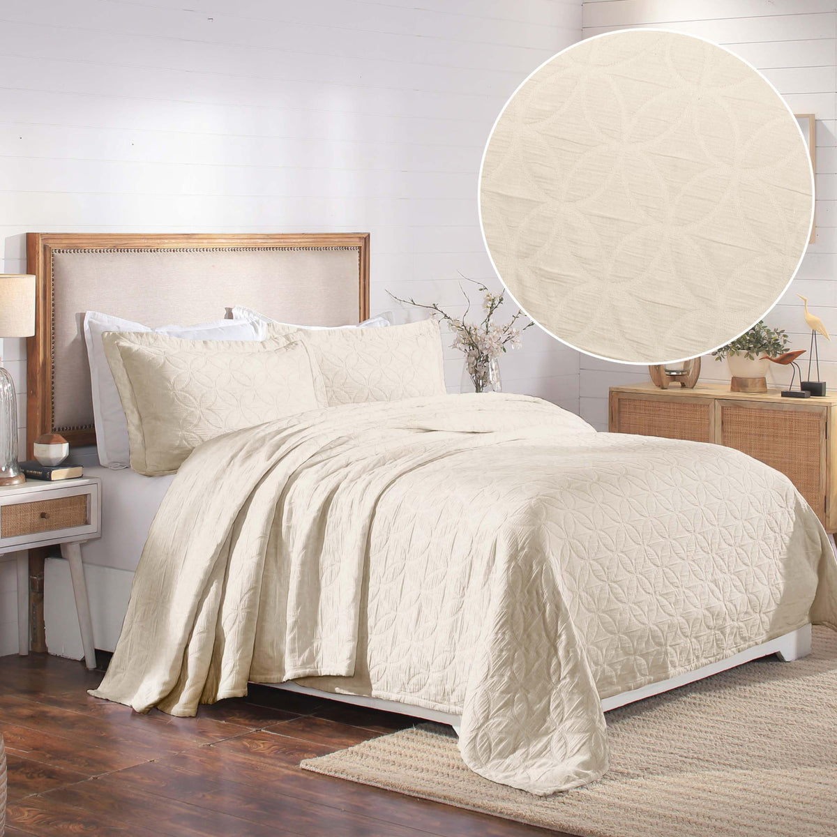 SUPERIOR Cotton 3-Piece Bedspread Set, 1 Medium Weight Bedspread, 2 Pillow Shams, Home Bed Decor, Warm Bedding, Matelasse Woven Oversized Blanket, Geometric Circles, Serenity Collection, King, Linen