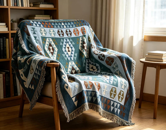 Luxlovery Aztec Sofa Throw Blankets Blue Ethnic Woven Boho Dusty Blue Color Bohemian Woven Throw Blanket for Couch Aztec Bed Throws Oversized Chair Sofa Cover with Tassels(63"x102")