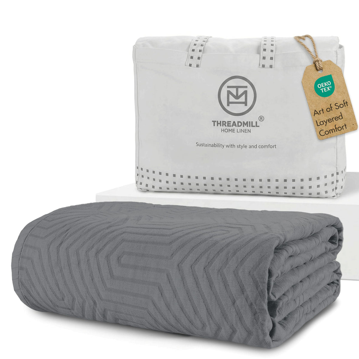 Threadmill Luxury Cotton Blankets for King Size Bed | All-Season Cozy 100% Cotton Blanket | Aster Jacquard Soft & Lightweight Coverlet fits California King Size Bed, 104x92 | Scottish Grey