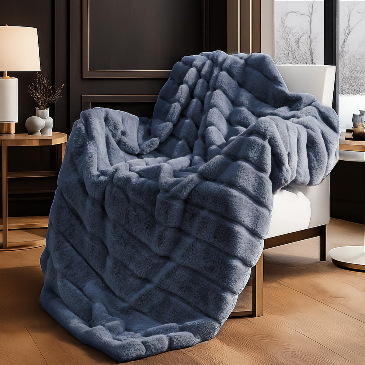 Cozy Bliss Deluxe Sheared Rabbit Faux Fur Throw Blanket, Soft Fuzzy High-Low Sculpted Plush Blanket for Couch, Cozy Home Accent, All Season Use, Grey 50"x60"