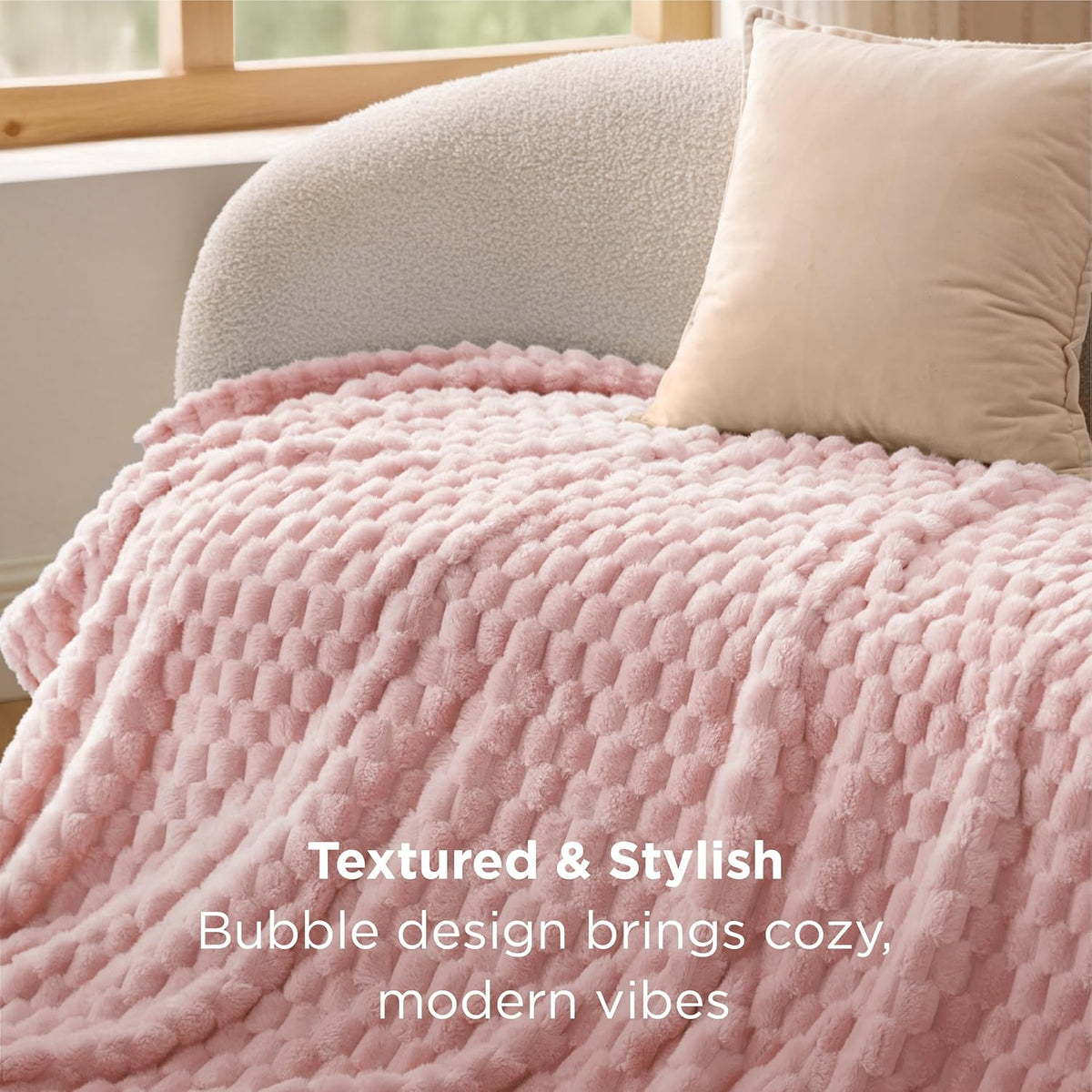 Bedsure Pink Throw Blanket for Couch - 350GSM Fluffy Plush Bubble Blanket for Bed Home Room Decor, GentleSoft Cute Fleece Soft Cozy Gifts for Women Girls, 50x60 Inches