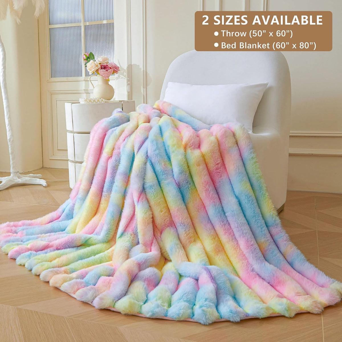 MEGO Fluffy Faux Rabbit Fur Ribbed Throw Blanket 50"x60", Rainbow