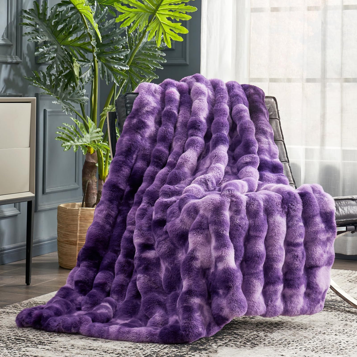 Cozy Bliss Faux Fur Throw Blanket for Couch, Fuzzy Soft Plush Thick Bubble Blanket for Sofa Bedroom Living Room, 50 * 60 Inches Tie-dye Taupe