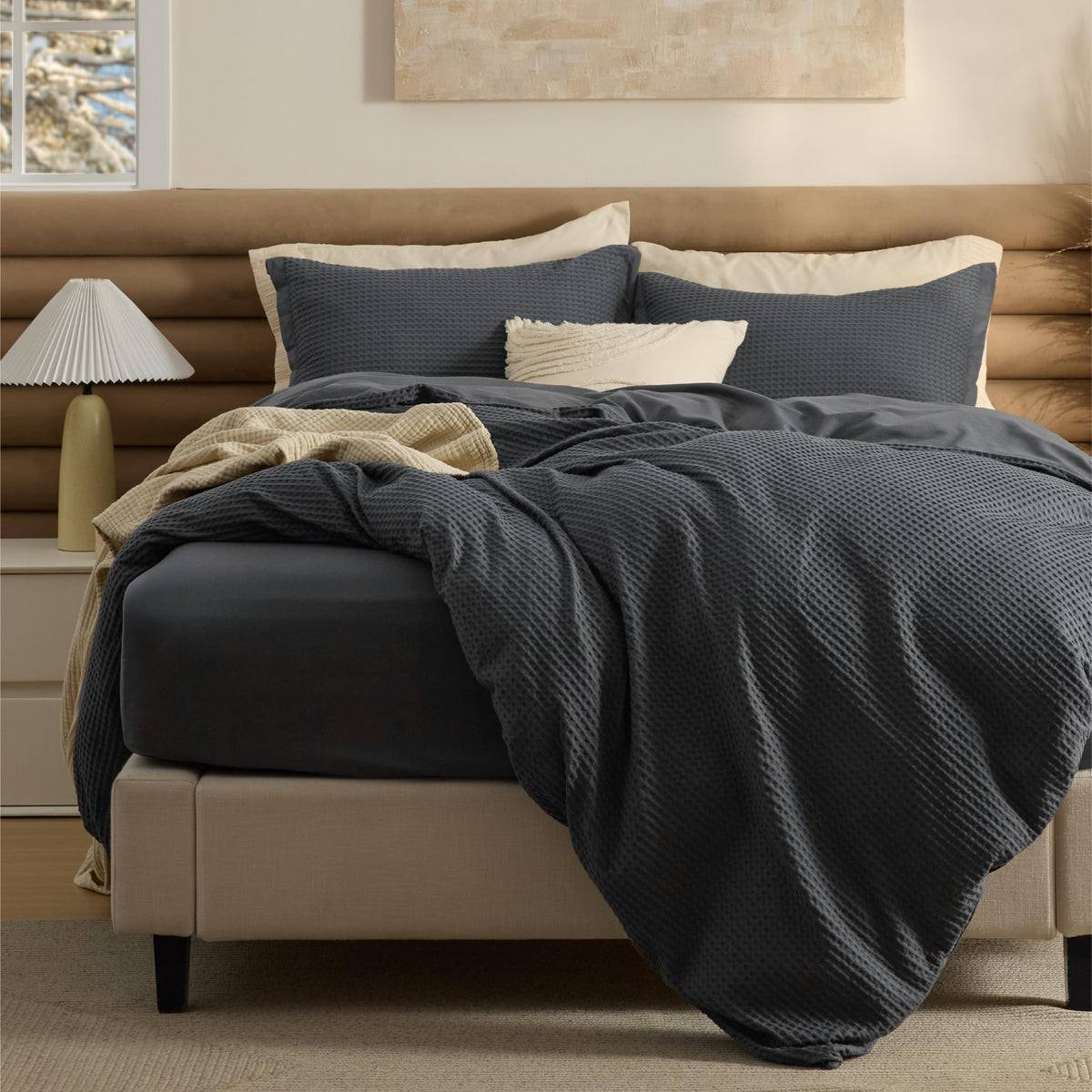 Bedsure PureWoven 3 Pieces 100% Cotton Waffle Duvet Cover Set, Queen, Linen