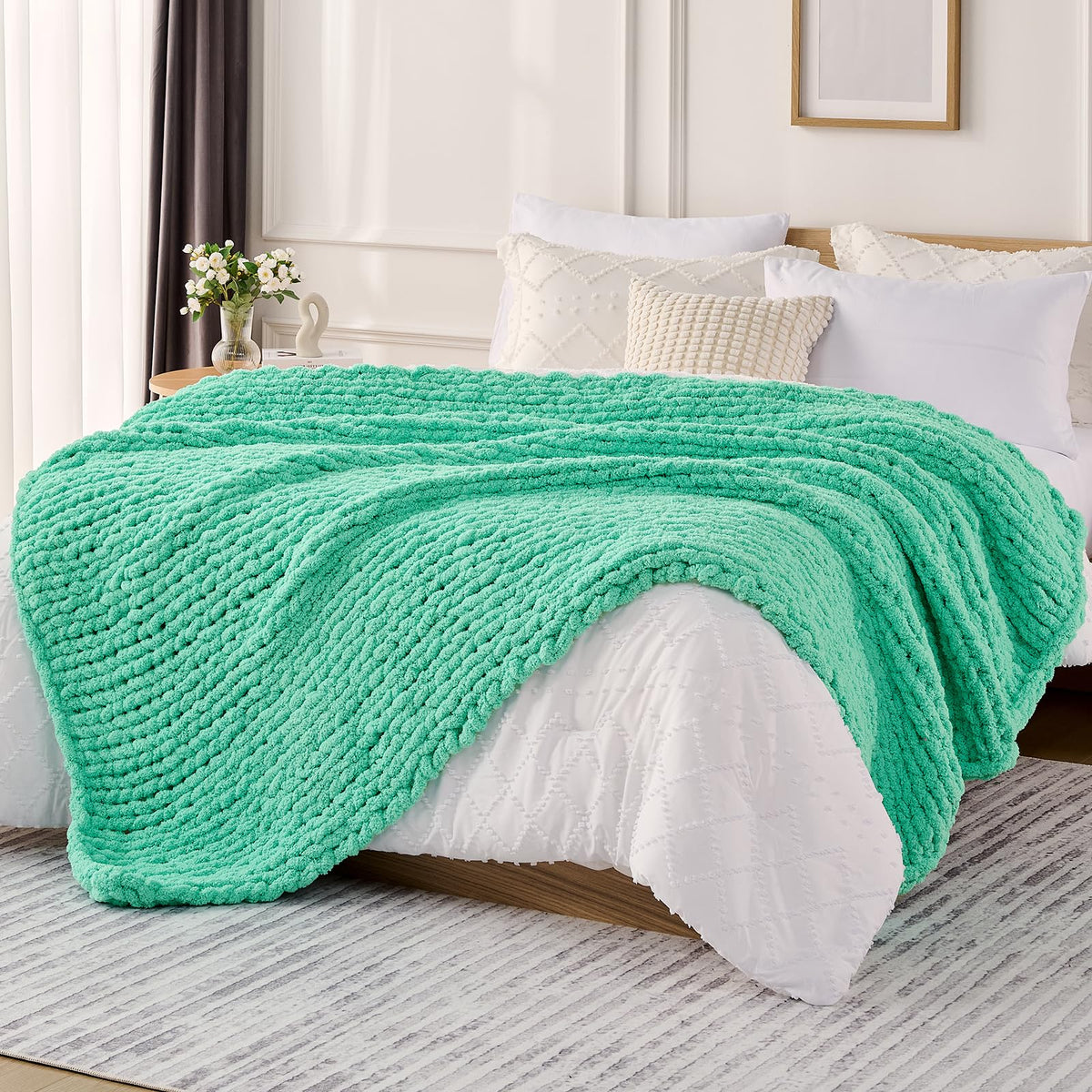 L'AGRATY Chunky Knit Throw Blanket for Couch, 50'' x 60'' Knit Throw, Ivory
