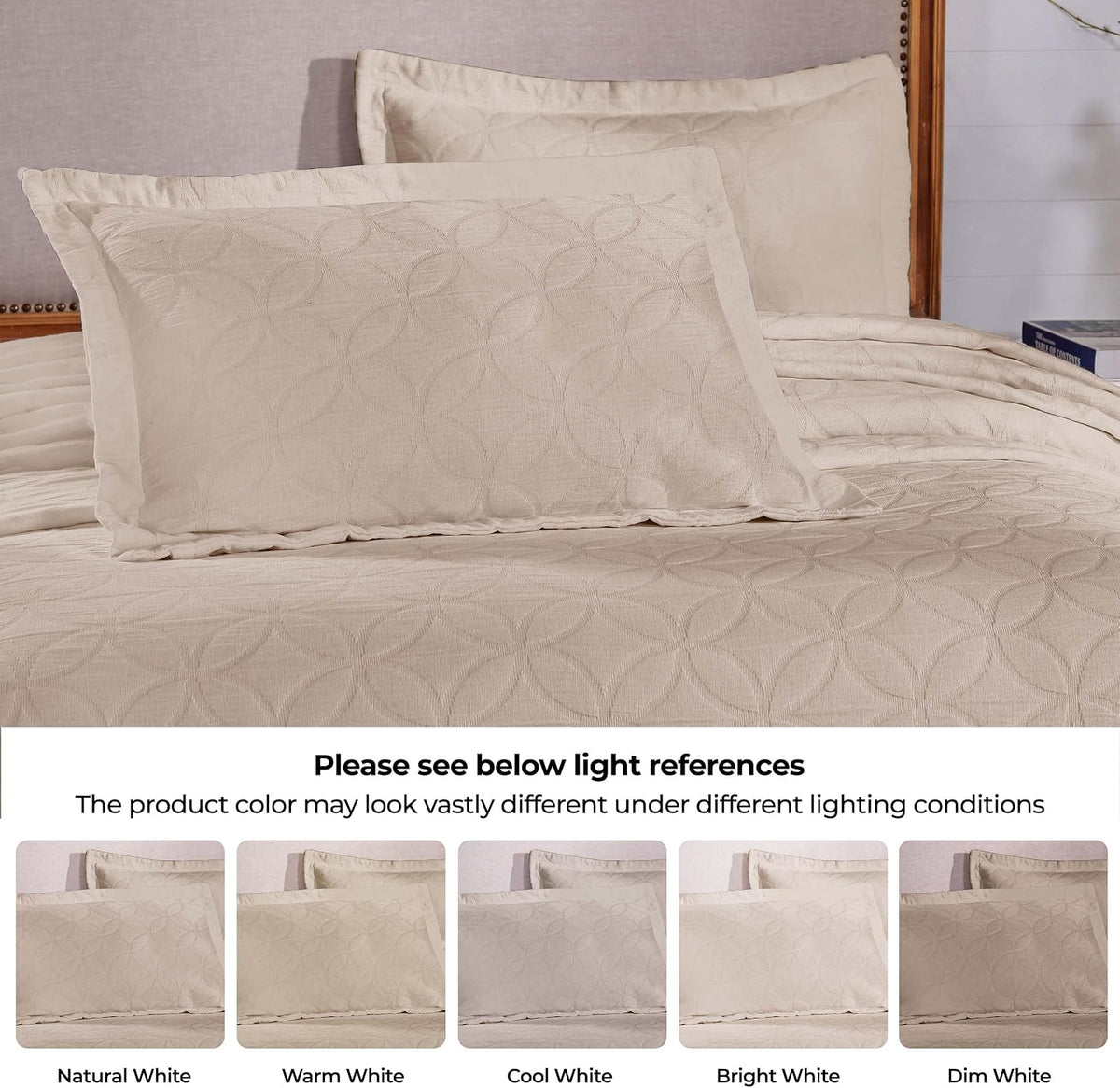 SUPERIOR Cotton 3-Piece Bedspread Set, 1 Medium Weight Bedspread, 2 Pillow Shams, Home Bed Decor, Warm Bedding, Matelasse Woven Oversized Blanket, Geometric Circles, Serenity Collection, King, Linen