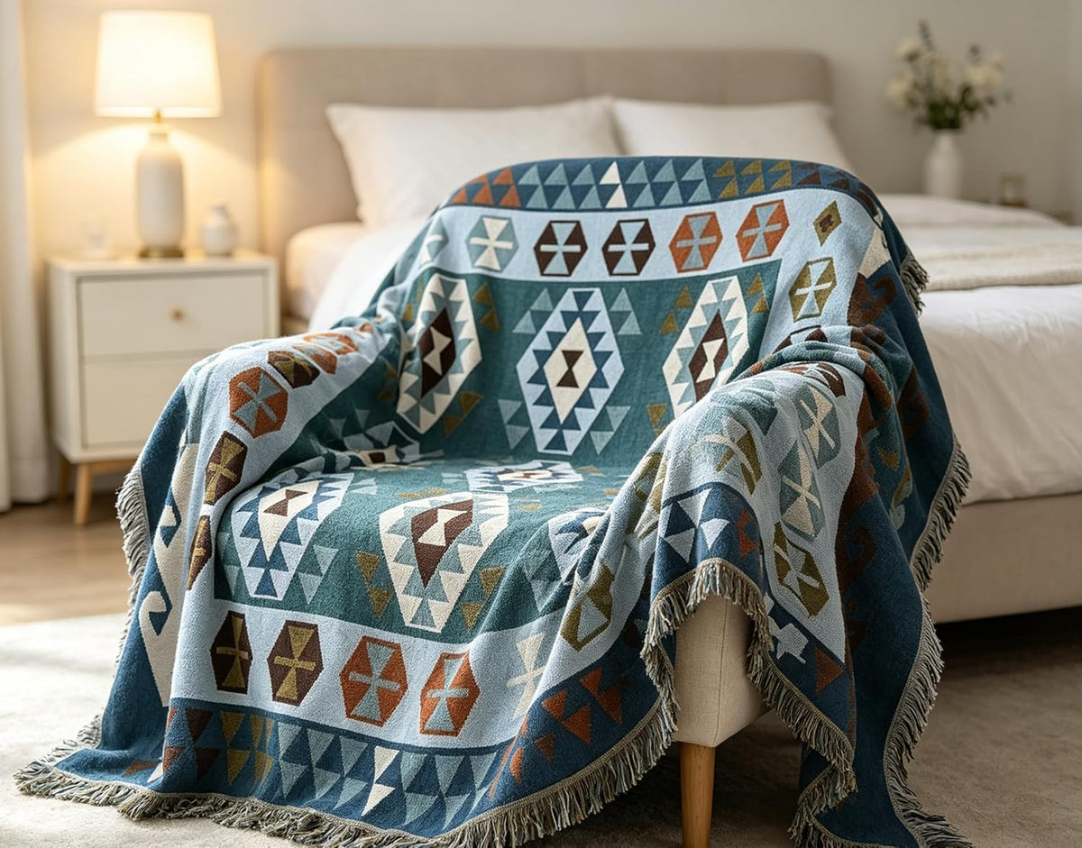 Luxlovery Aztec Sofa Throw Blankets Blue Ethnic Woven Boho Dusty Blue Color Bohemian Woven Throw Blanket for Couch Aztec Bed Throws Oversized Chair Sofa Cover with Tassels(63"x102")