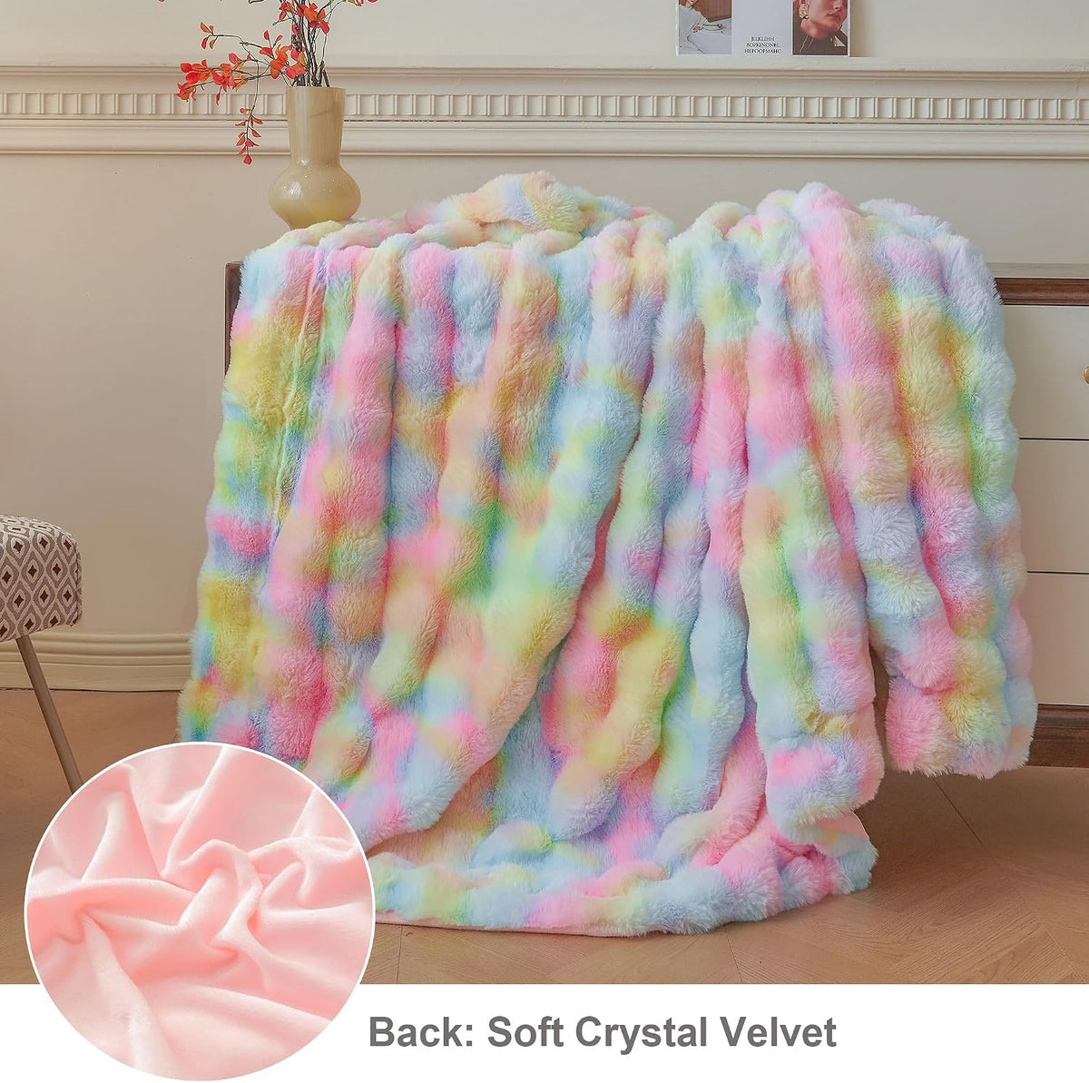 LIFEREVO Luxury Fluffy Faux Rabbit Fur Throw Blanket 50x60, Rainbow