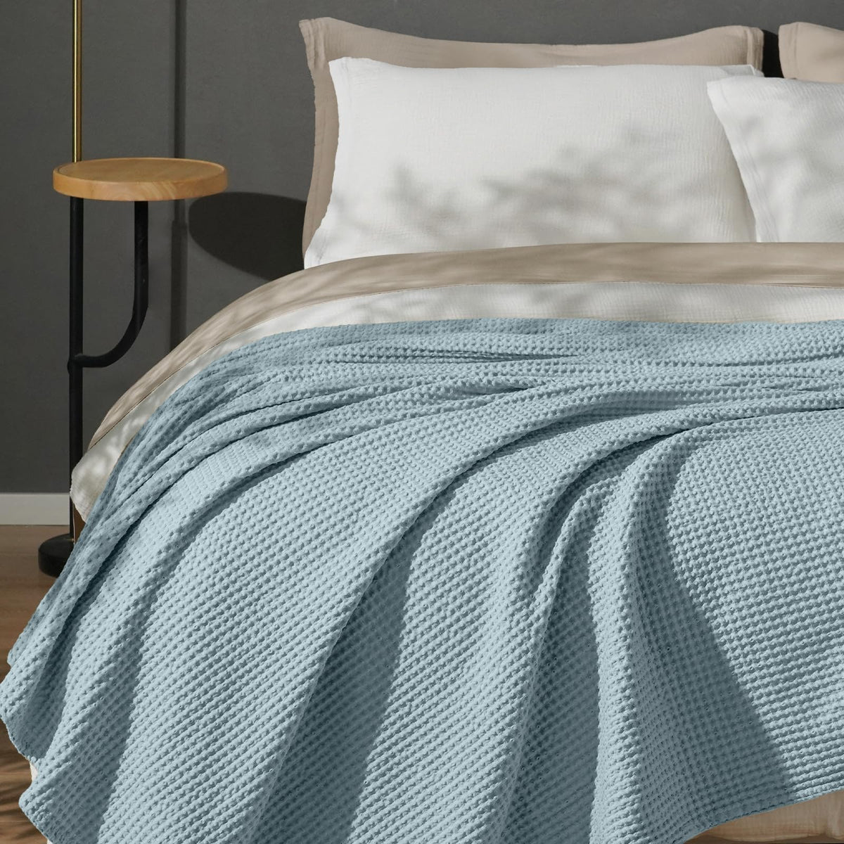 PHF 100% Cotton Waffle Blanket Lightweight Breathable, Queen Linen/Stone
