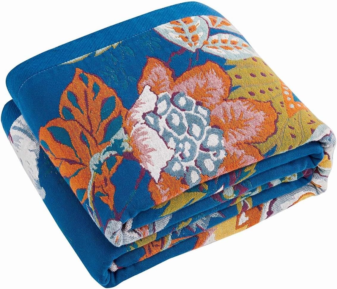 XIBLC Boho Throw Blanket, Blue Lightweight Blankets for Summer, 100% Cotton Bohemian Decorative Throw Blanket, 50"x60" Reversible Muslin Breathable Woven Farmhouse Blankets Quilt,