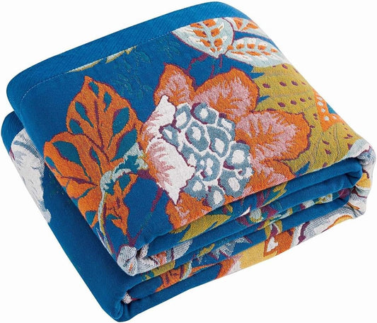 XIBLC Boho Throw Blanket, Blue Lightweight Blankets for Summer, 100% Cotton Bohemian Decorative Throw Blanket, 50"x60" Reversible Muslin Breathable Woven Farmhouse Blankets Quilt,