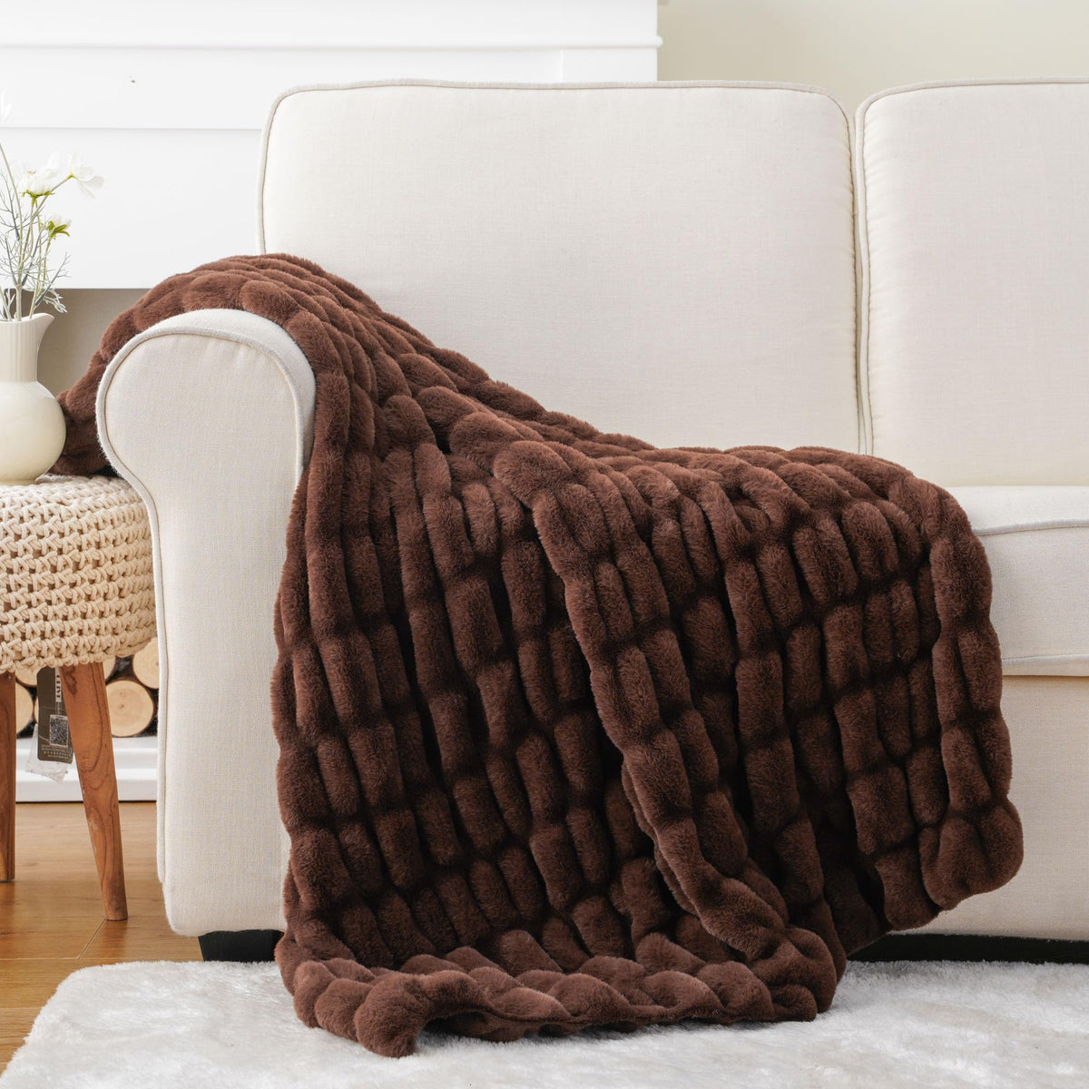 BATTILO Soft Ivory Faux Fur Throw Blanket for Couch, 50"x60", Double Side