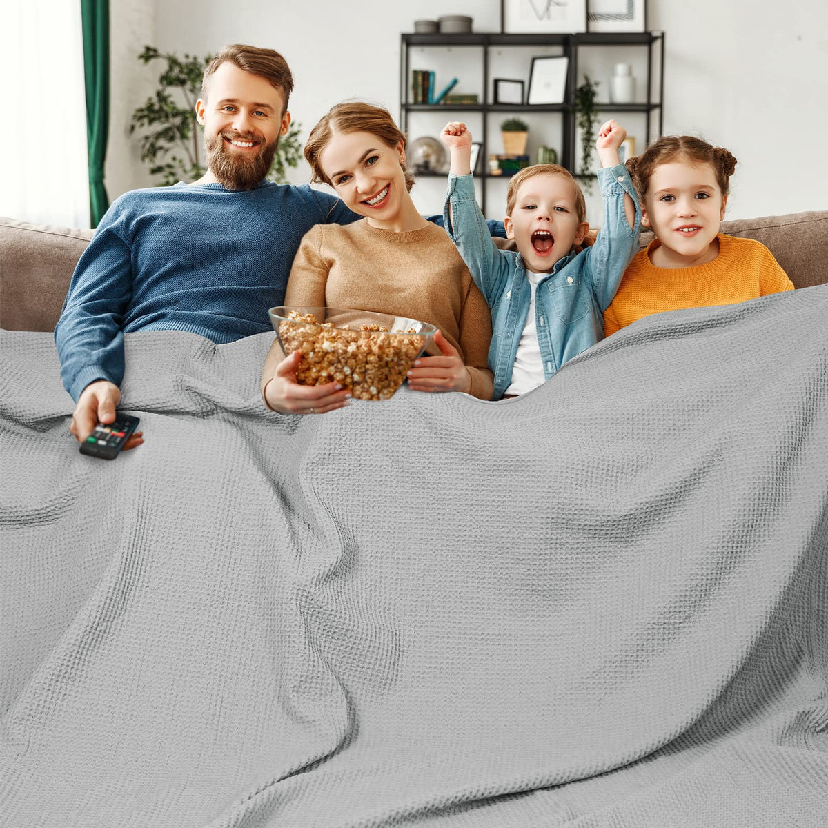 PHF 100% Cotton Waffle Blanket Lightweight Breathable, Queen Linen/Stone