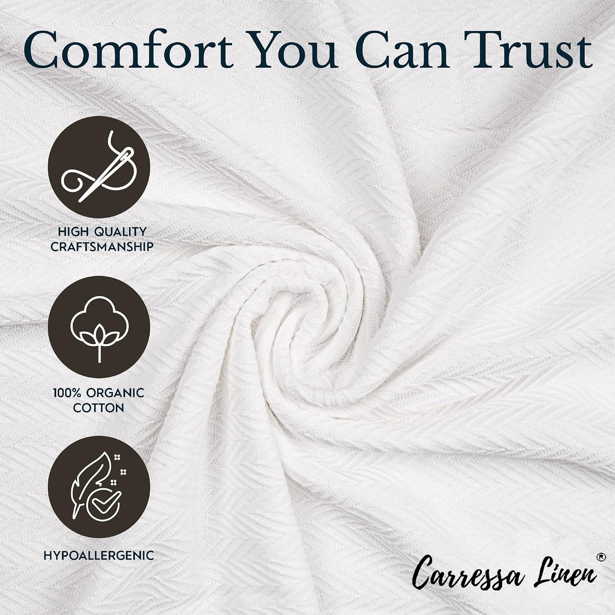 Carressa Linen Luxury Organic Cotton Blankets King Size | 100% Cotton King Size Blanket GOTS Certified (White) | Breathable, Lightweight, Soft & Cozy Herringbone Bed Throw Blanket for All Seasons