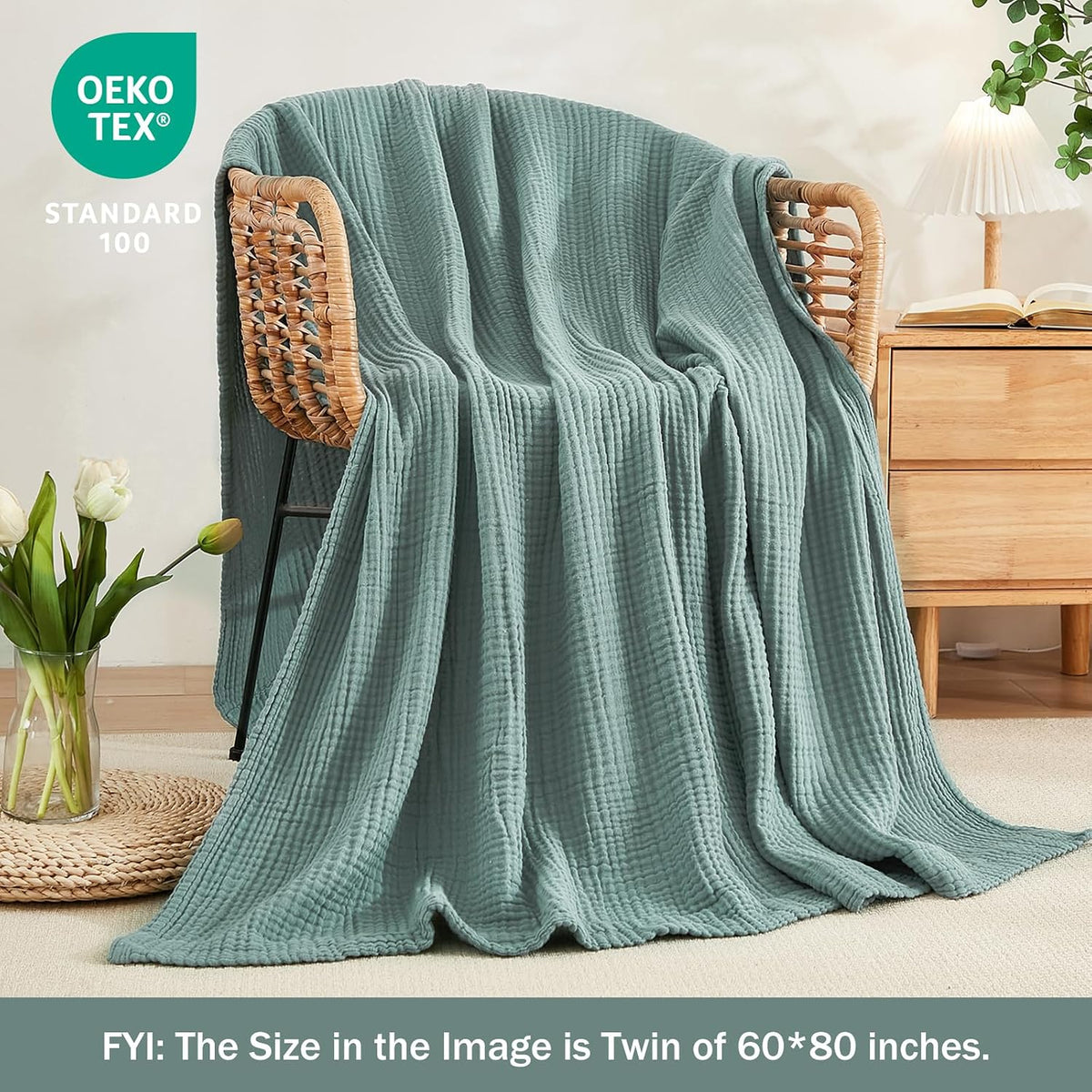 EMME Muslin Cotton Blanket Adults Coverlet,King,Teal