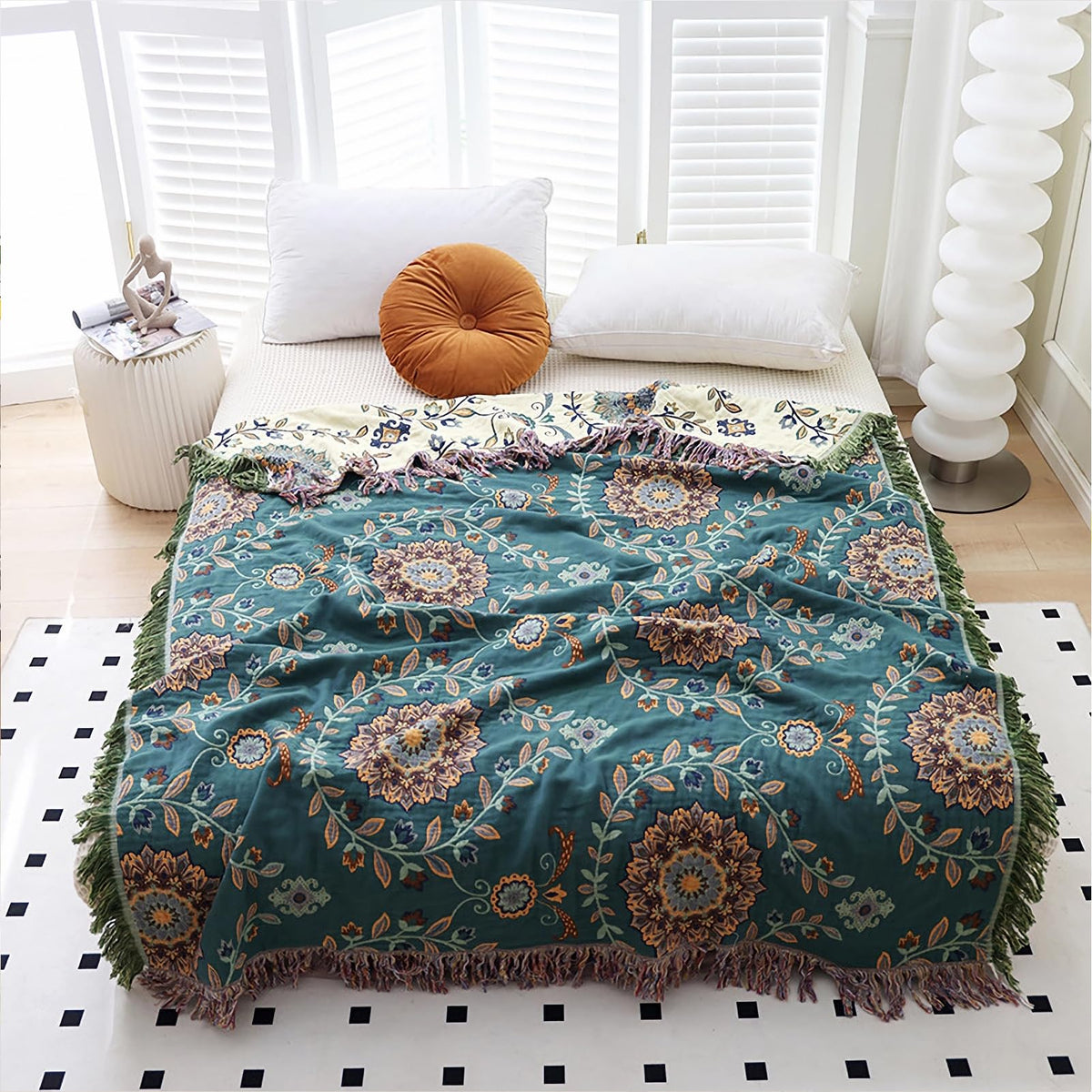Snycler Boho Throw Blanket for Bed, 100% Organic Cotton Muslin Soft Throw-Floral Bird Farmhouse Rustic Spring Summer Fall Decor Blanket for Couch Sofa Quilt and Gift, 60" x 80" Orange