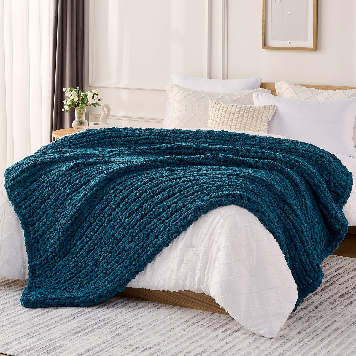 L'AGRATY Chunky Knit Throw Blanket for Couch, 50'' x 60'' Knit Throw, Ivory