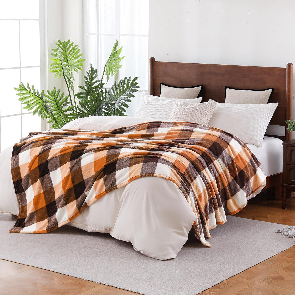 SOCHOW Buffalo Plaid Flannel Fleece Throw Blanket 50 x 60 Inches, Orange