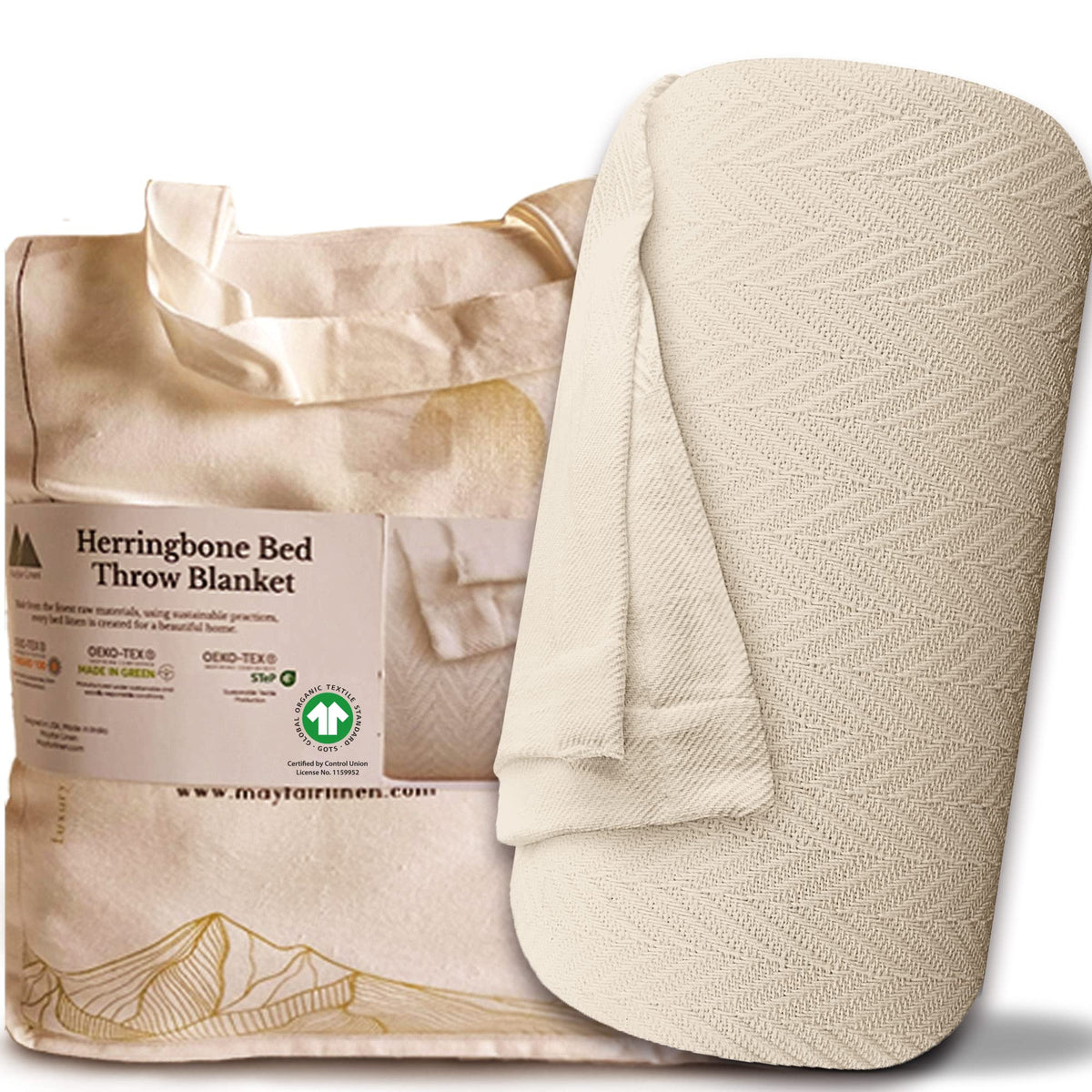 Mayfair Linen Knitted Geometric Herringbone Pattern Handwoven Blanket 100% Long Staple Cotton - Soft & Cozy Thermal All Season Throw for Bed Couch Chair Outdoors (Twin/Twin XL, White)