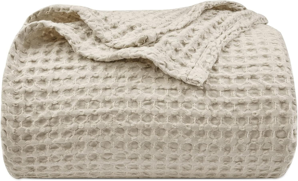 PHF Ultra Soft Waffle Weave Blanket for Bed, Queen Size, Light Khaki/Linen