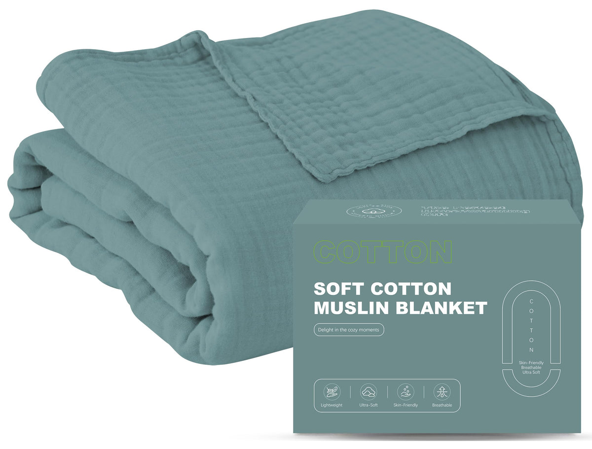 Cosy Family 4 Layer Muslin Bed Blanket - Breathable and Lightweight Gauze Boho Blanket for Spring, Soft 100% Cotton Muslin Blanket, Green, 55x80 Inches