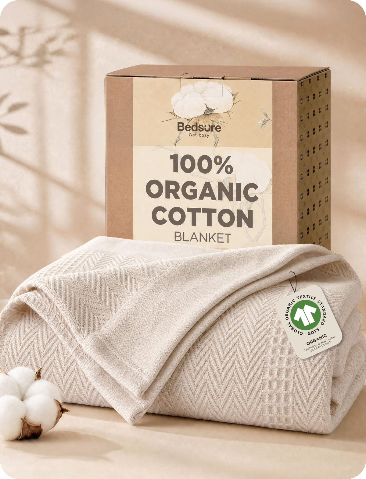 Bedsure PureWoven 100% Organic Cotton Waffle Luxury Blanket, King, White