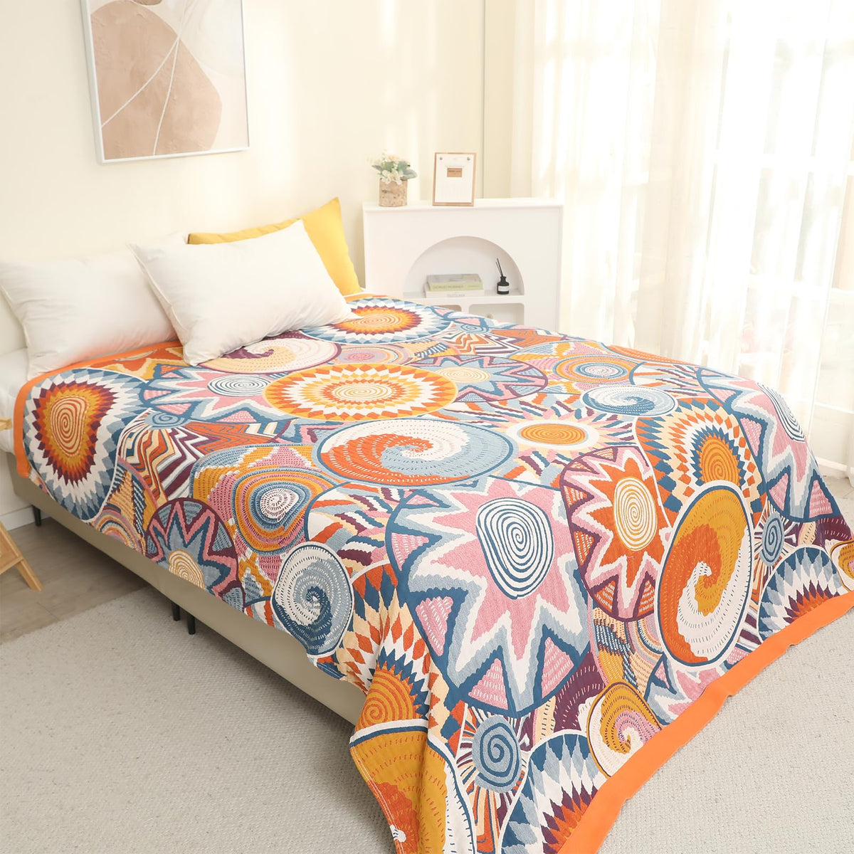 Snycler Boho Throw Blanket for Bed, 100% Organic Cotton Muslin Soft Throw-Floral Bird Farmhouse Rustic Spring Summer Fall Decor Blanket for Couch Sofa Quilt and Gift, 60" x 80" Orange