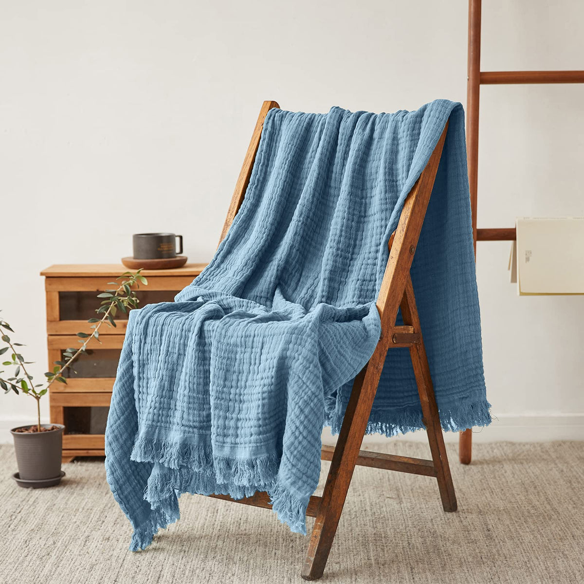 Simple&Opulence Cotton Muslin Throw Blanket for Bed, Couch, Knit Woven Gauze Blanket with Tassels, Soft Lightweight Cozy Pre-Washed Breathable Farmhouse Decoration for All-Season (Cream)