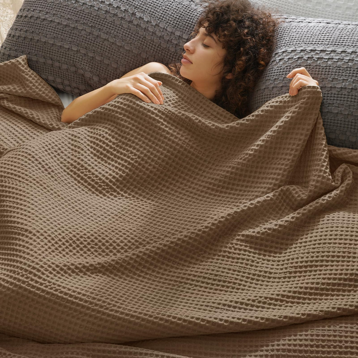 PHF Ultra Soft Waffle Weave Blanket for Bed, Queen Size, Light Khaki/Linen