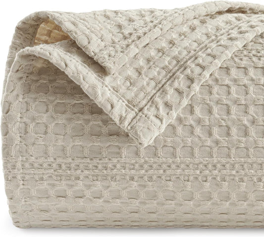 PHF Lightweight Waffle Weave Blanket Queen Size 90"x 90", Soft Woven All‑Season Blanket for Hot Sleepers - Aesthetic Home Decor for Couch Bed Sofa, Pet Friendly, Natural/Linen