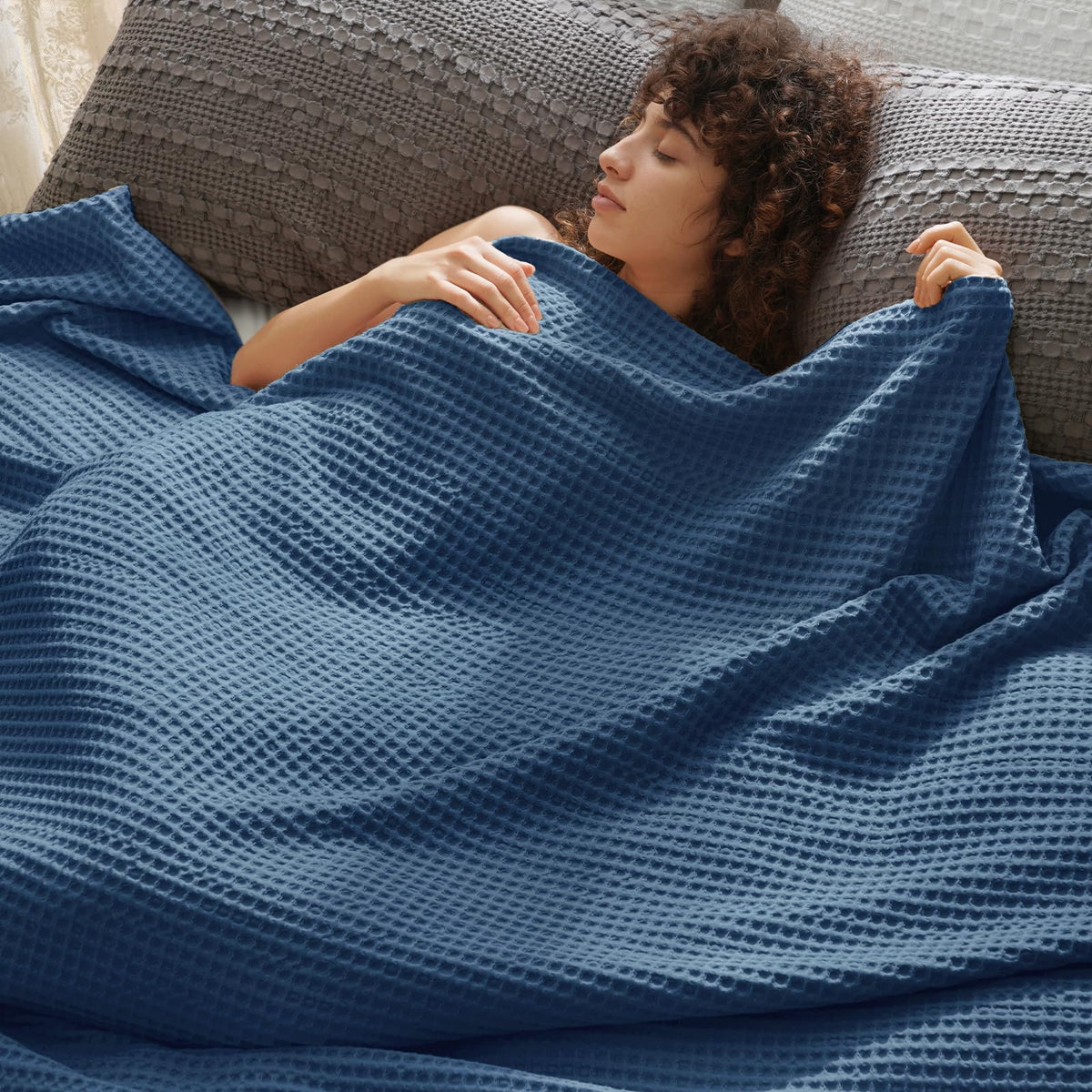 PHF Ultra Soft Waffle Weave Blanket for Bed, Queen Size, Light Khaki/Linen