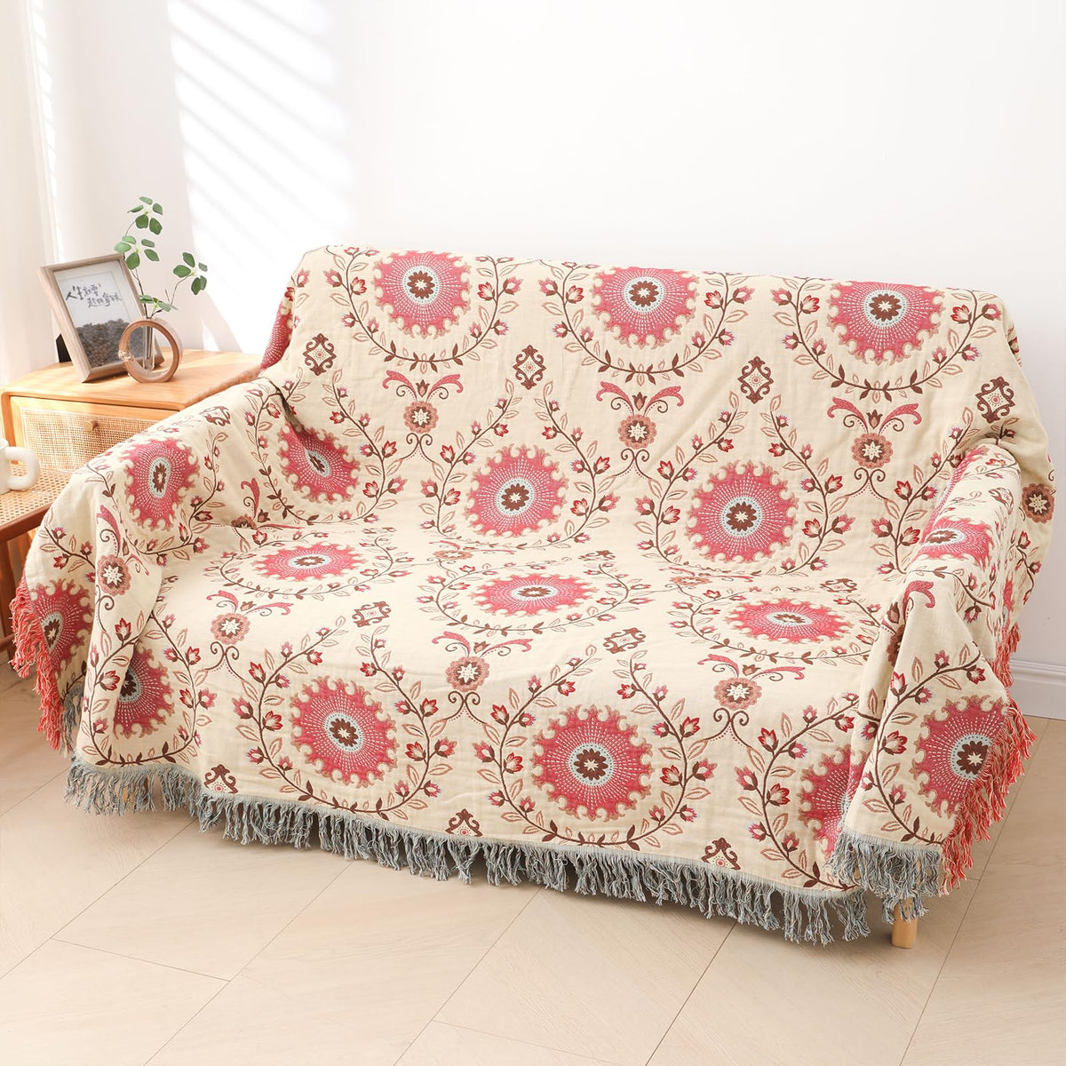 Snycler Boho Throw Blanket for Bed, 100% Organic Cotton Muslin Soft Throw-Floral Bird Farmhouse Rustic Spring Summer Fall Decor Blanket for Couch Sofa Quilt and Gift, 60" x 80" Orange