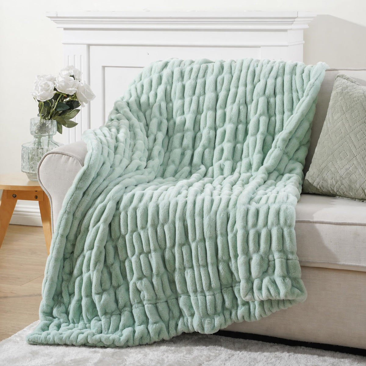 BATTILO Soft Ivory Faux Fur Throw Blanket for Couch, 50"x60", Double Side