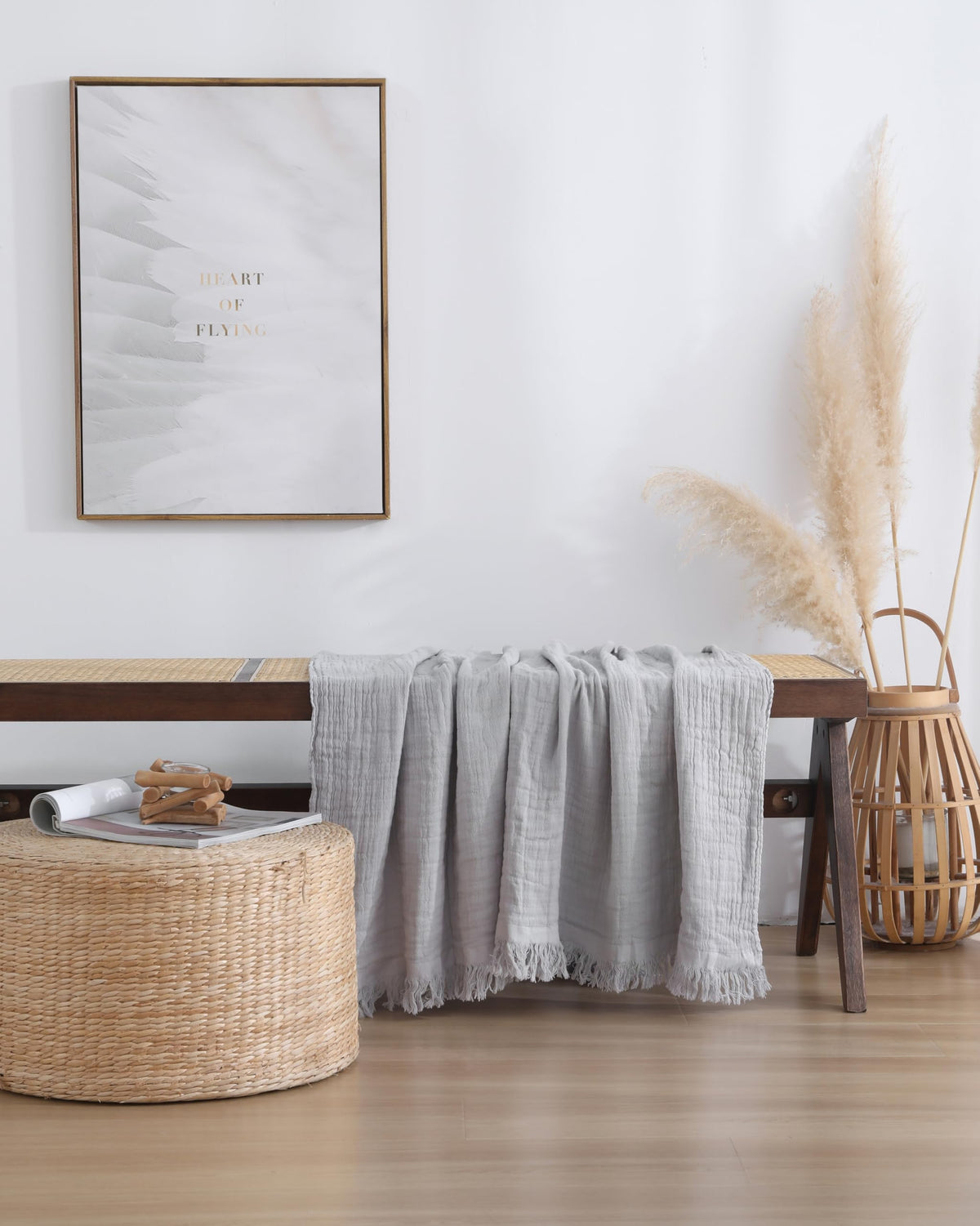 100% Cotton Muslin Throw Blanket for Bed, Couch, Small, Decorative, Soft, Pre-Washed, Breathable and Lightweight Gauze Blanket with Fringes(Linen Grey, 50"x60")