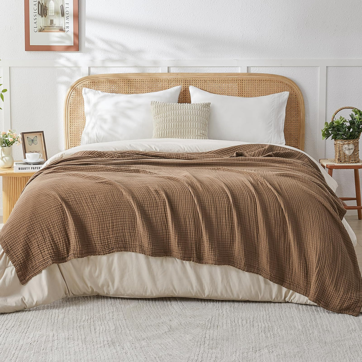 EMME Cotton Blanket King Size for Bed Soft Muslin Blankets 108"x90" Beige Lightweight Breathable Layering Bedspread Coverlet All Season Gauze