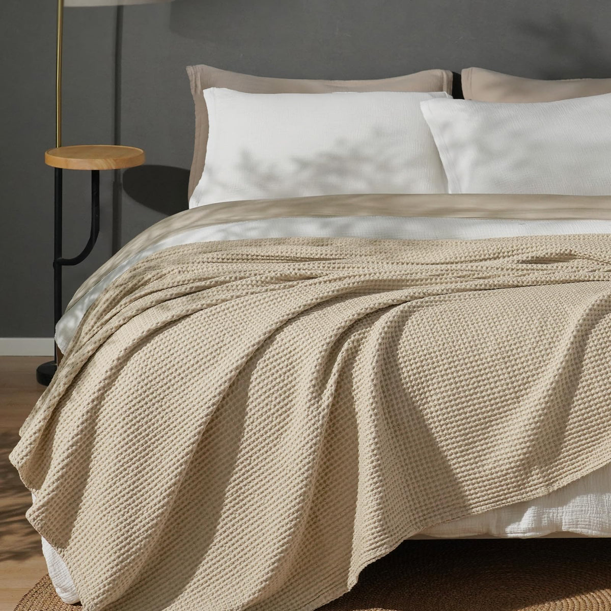 PHF 100% Cotton Waffle Blanket Lightweight Breathable, Queen Linen/Stone