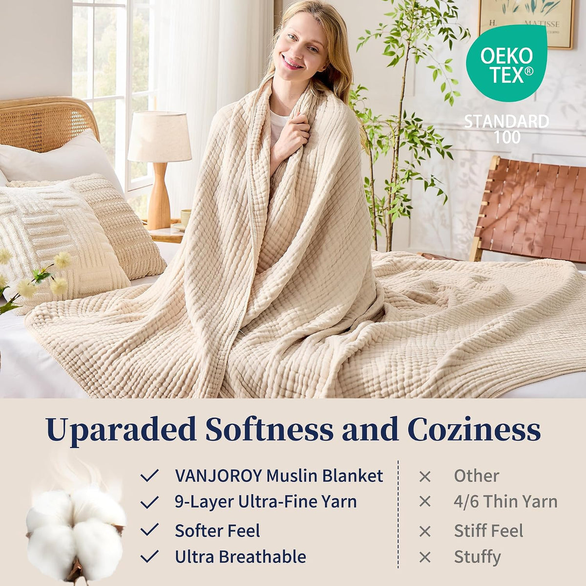 VANJOROY Muslin Throw Blanket for Adults, 100% Cotton 9-Layer 50x70, Beige