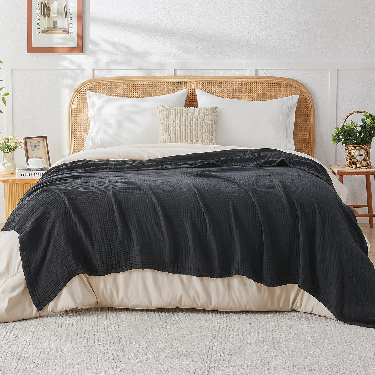 EMME Cotton Blanket King Size for Bed Soft Muslin Blankets 108"x90" Beige Lightweight Breathable Layering Bedspread Coverlet All Season Gauze