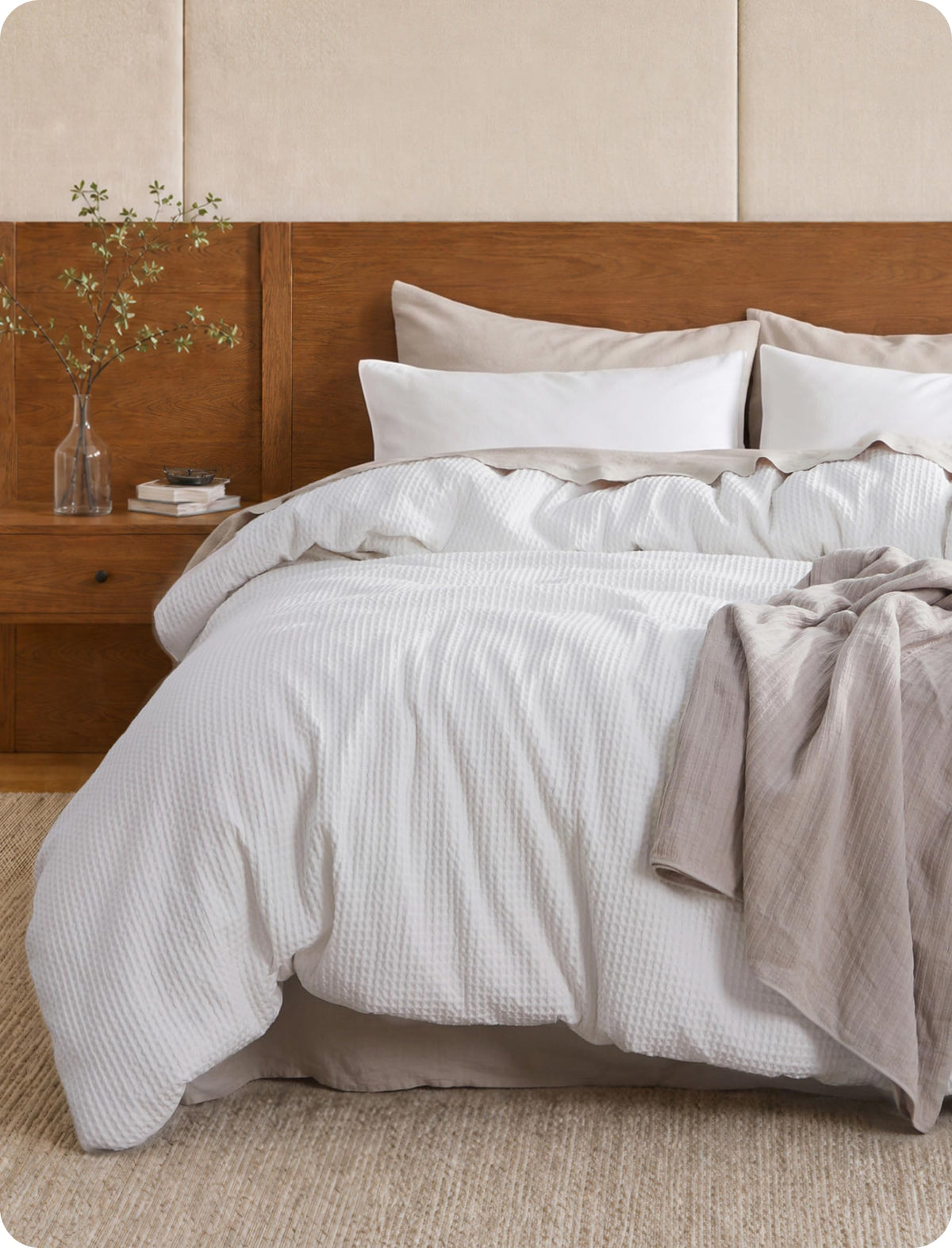 Bedsure PureWoven 3 Pieces 100% Cotton Waffle Duvet Cover Set, Queen, Linen