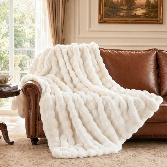 IKALIFE Cozy Bubble Faux Fur Throw Blanket for Couch, 50x60 Cream