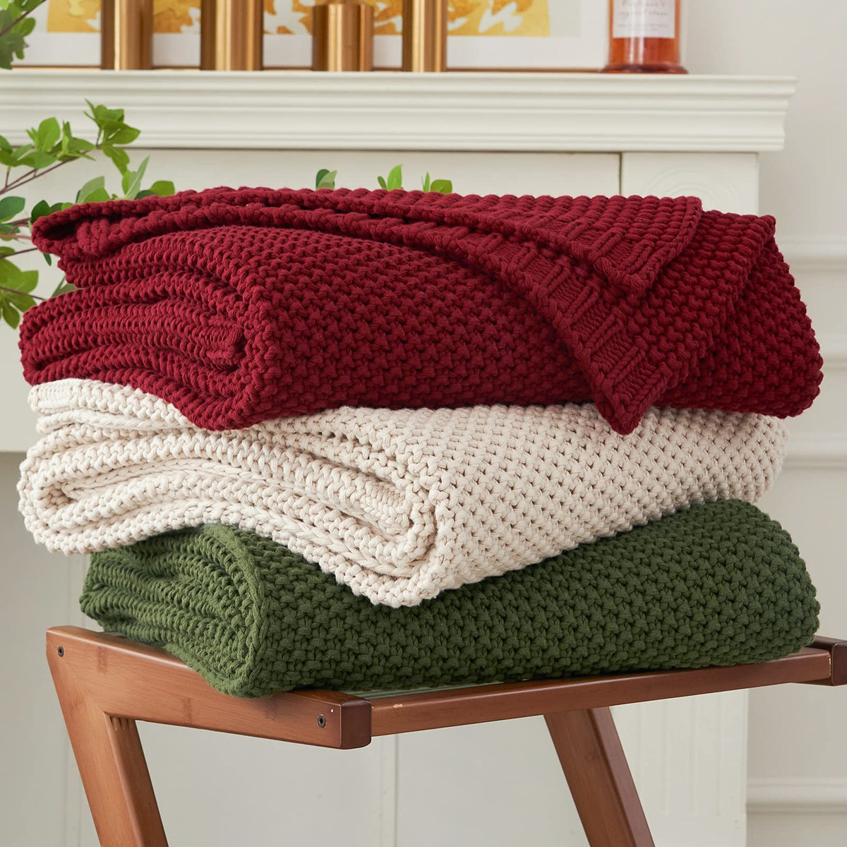 Longhui bedding Chunky Cable Knit Throw Blanket Lightweight Beige 100% Organic Cotton Blanket for Sofa Couch Bed Baby Nursery, Rustic Shabby Chic Modern Farmhouse, 60” x 80”
