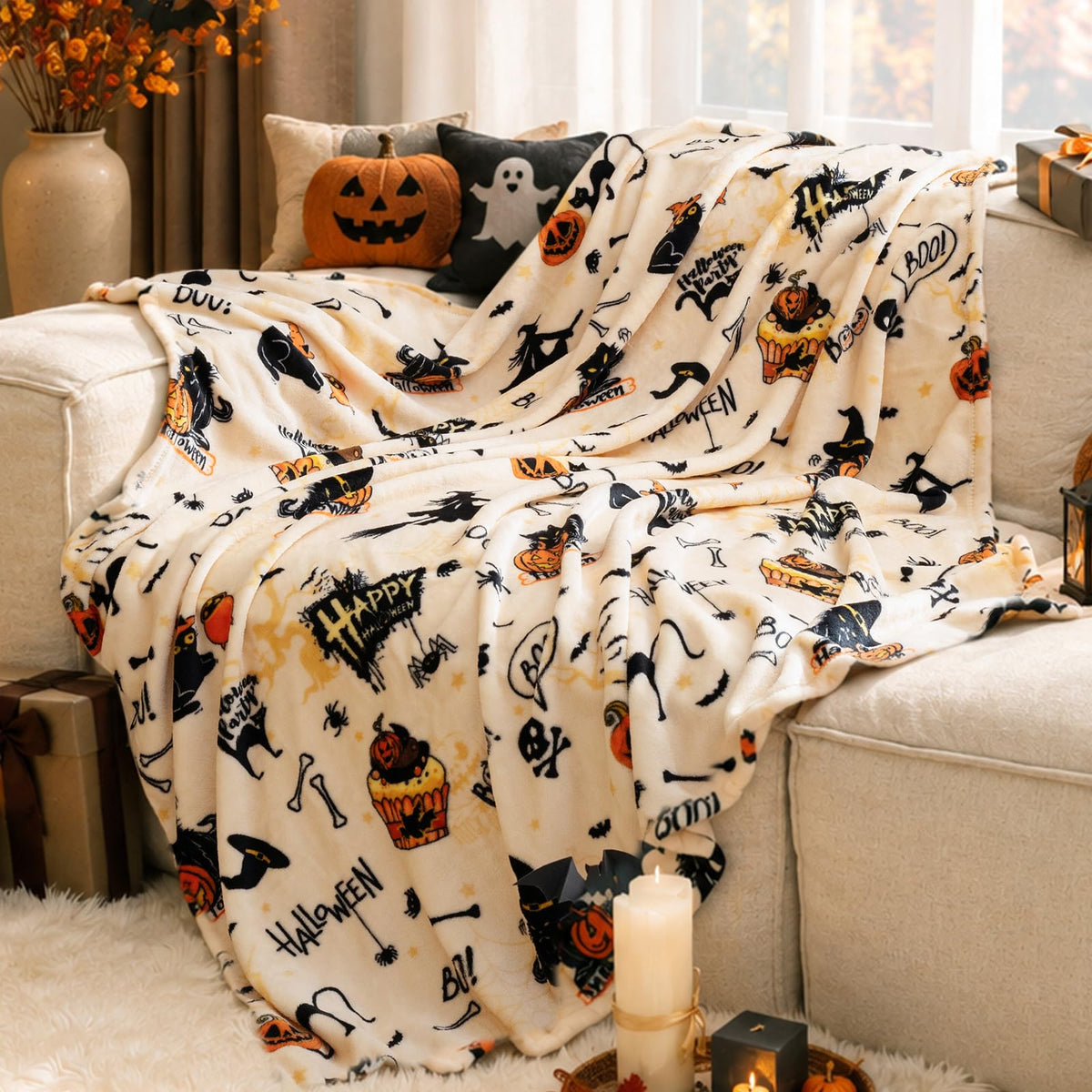 PHF Fleece Blanket Queen Size 90x90-300GSM Lightweight Airy Warmth, Khaki