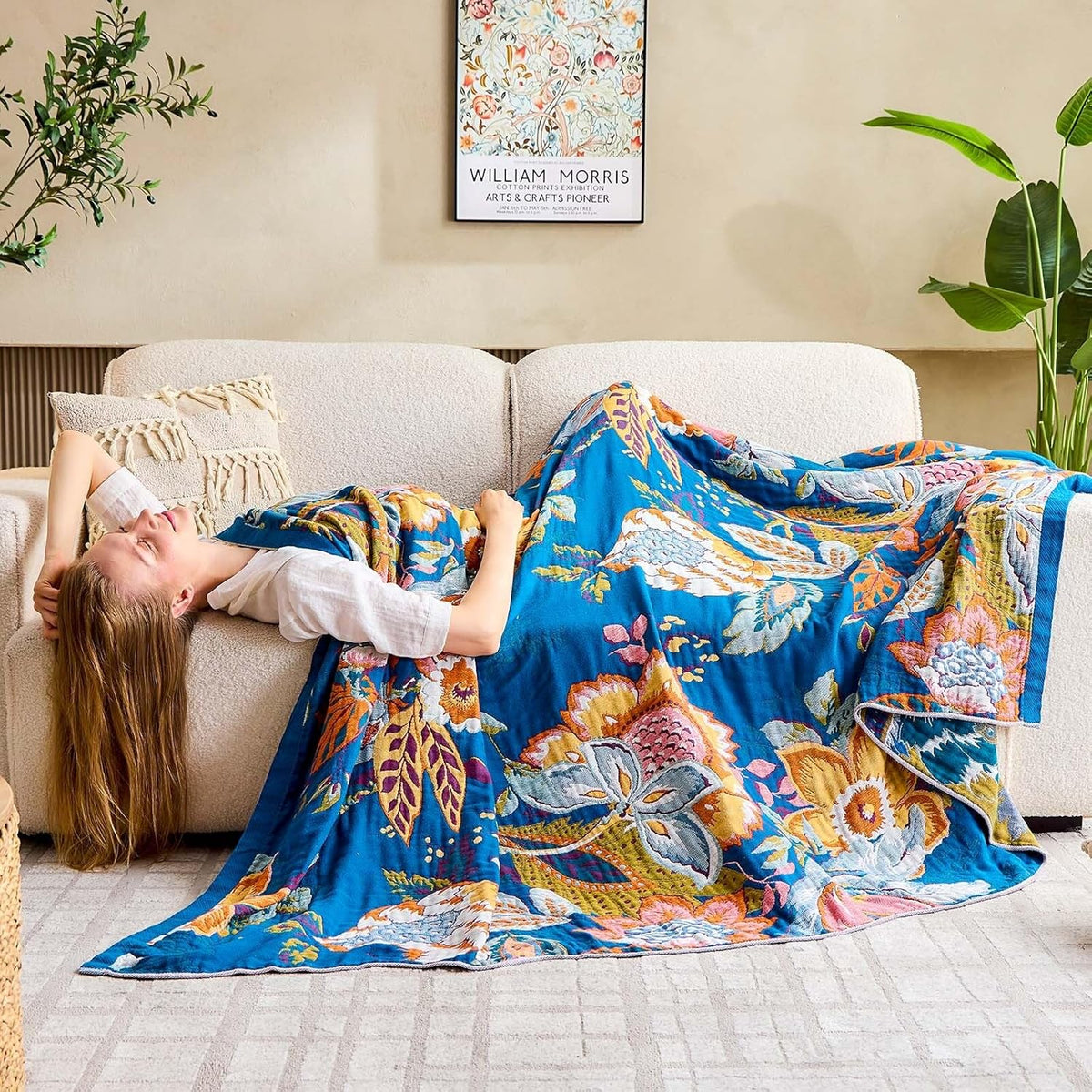 XIBLC Boho Throw Blanket, Blue Lightweight Blankets for Summer, 100% Cotton Bohemian Decorative Throw Blanket, 50"x60" Reversible Muslin Breathable Woven Farmhouse Blankets Quilt,