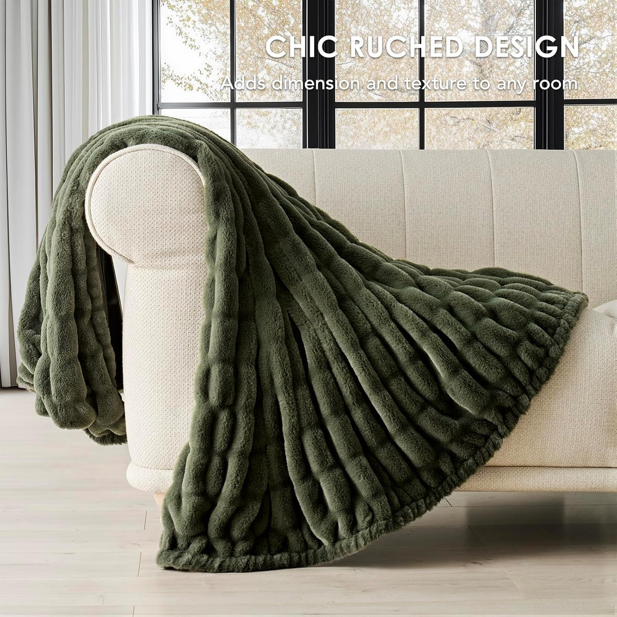 EverGrace Ruched Bubble Faux Rabbit Fur Throw Blanket, 60"x80", Loden Green