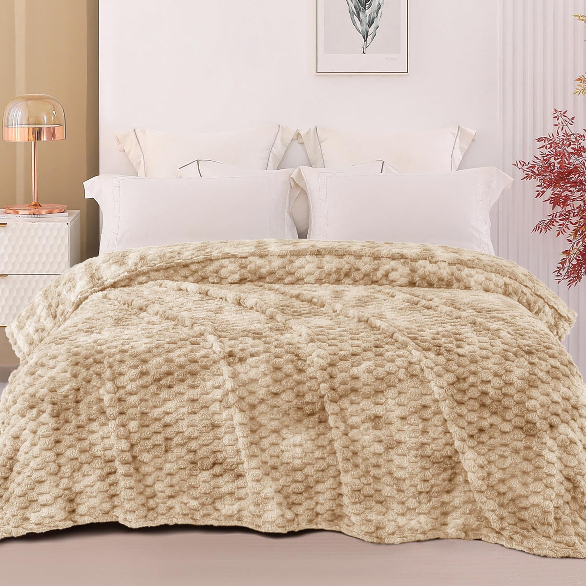 Exclusivo Mezcla Large 3D Fleece Throw Blanket for Couch, Ivory