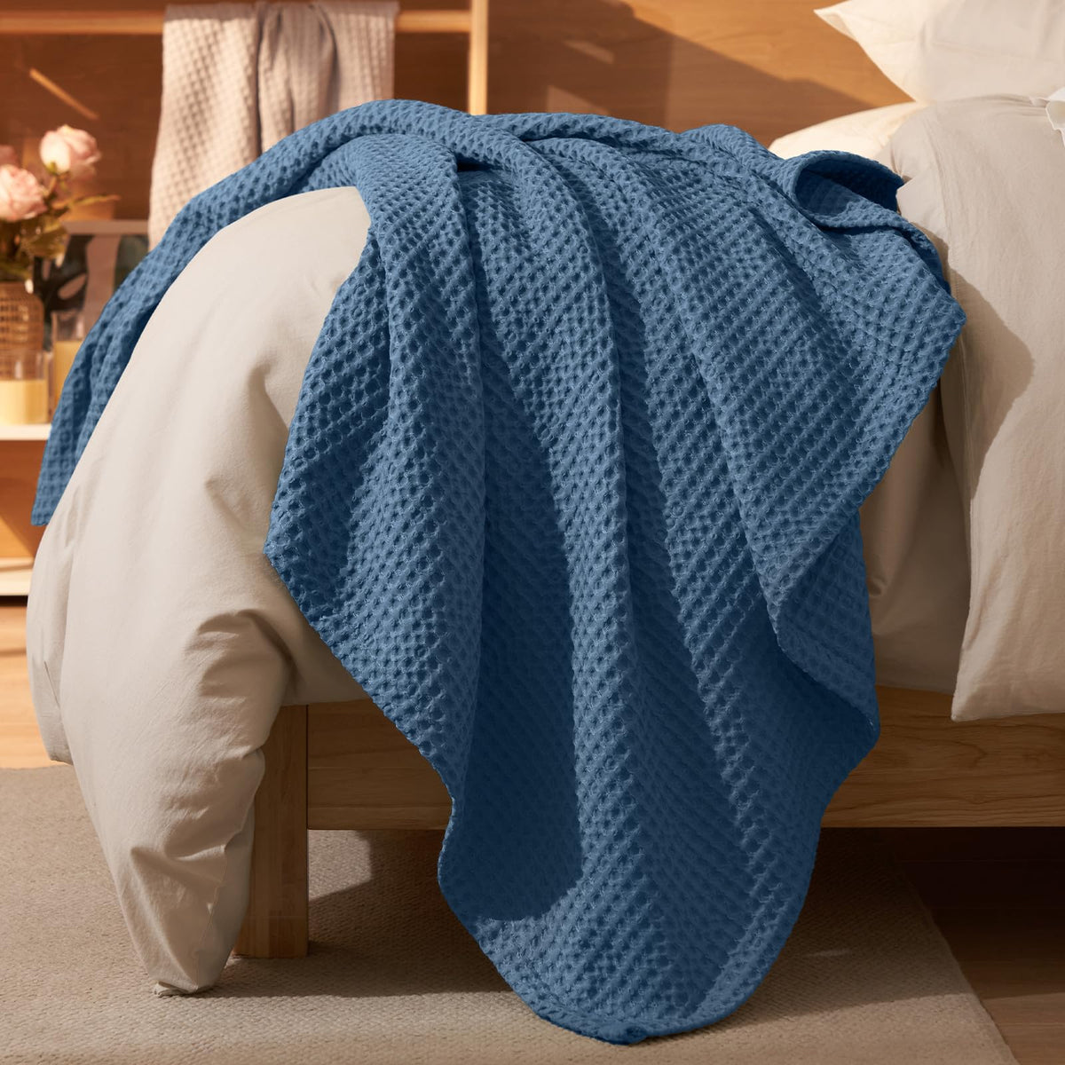 PHF Ultra Soft Waffle Weave Blanket for Bed, Queen Size, Light Khaki/Linen